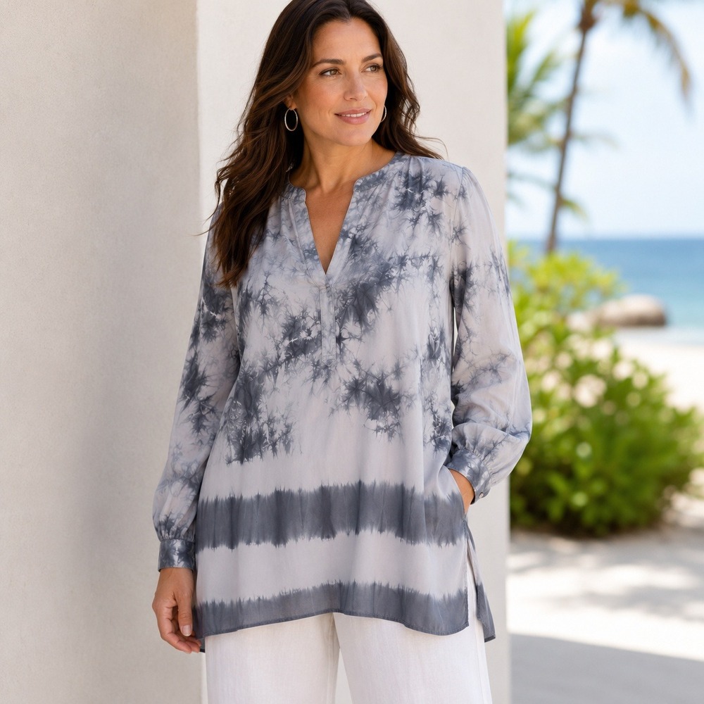 Pure Jill Tie Dye Tunic Top Gray White Lenzing Ecovero Viscose Pockets Medium